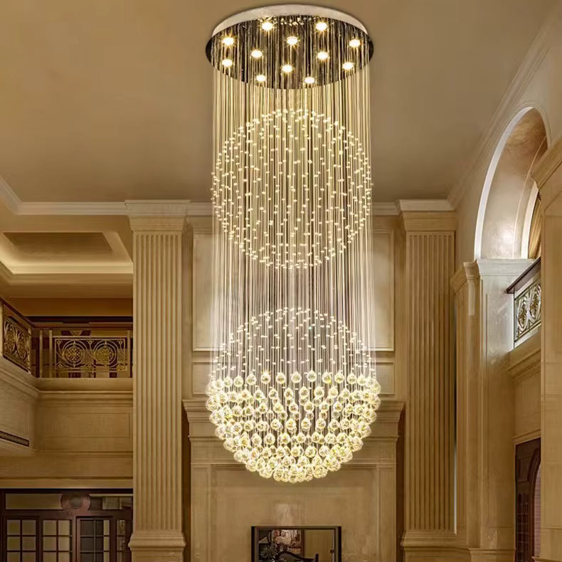 CRYSTAL DOUBLE-SPHERE Staircase chandelier for high ceilings