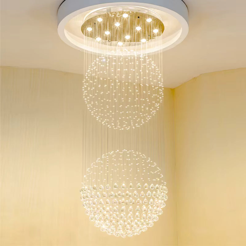 CRYSTAL DOUBLE-SPHERE Staircase chandelier for high ceilings