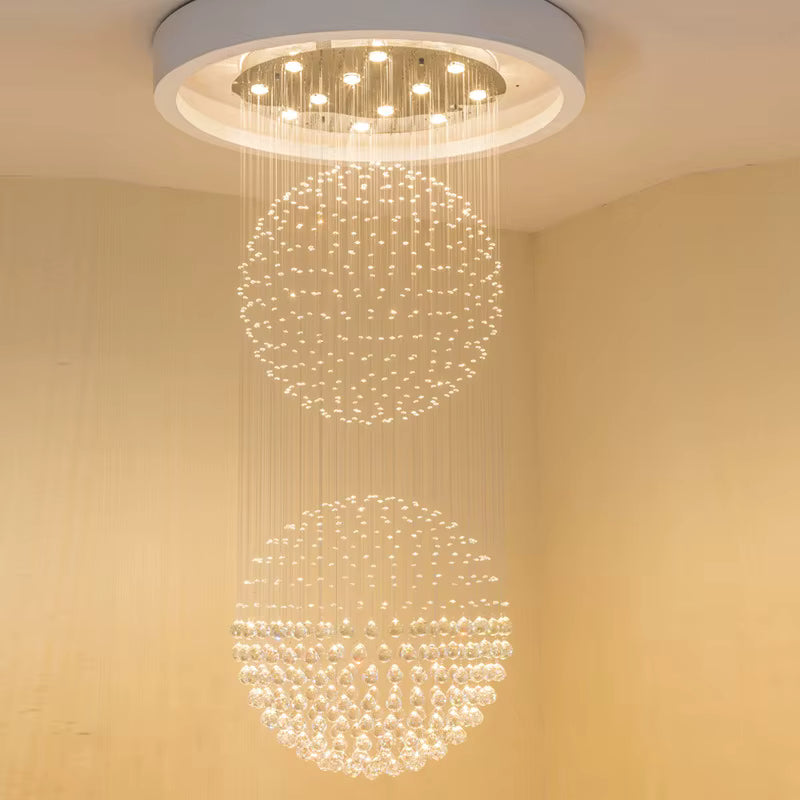 CRYSTAL DOUBLE-SPHERE Staircase chandelier for high ceilings